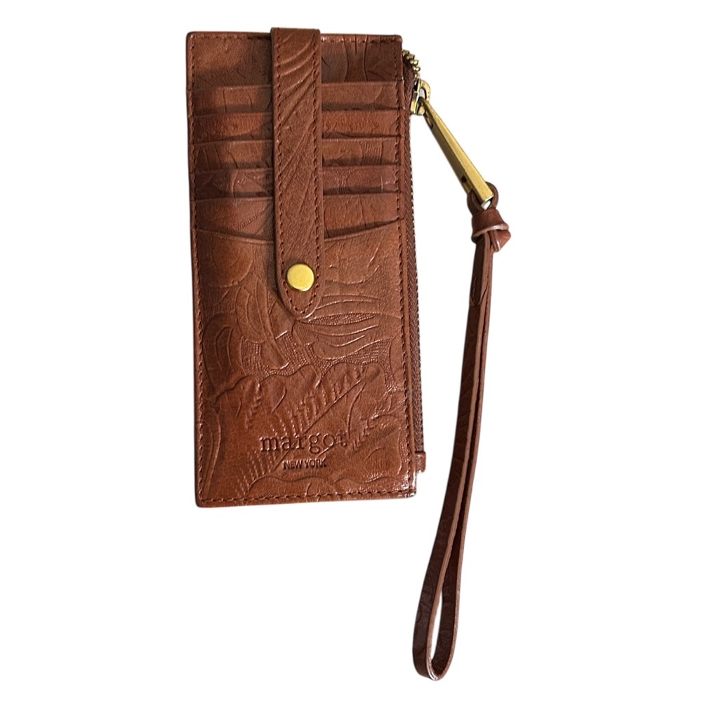 Margot Faye Card Case Wristlet Wallet in Brown Tooled Leather